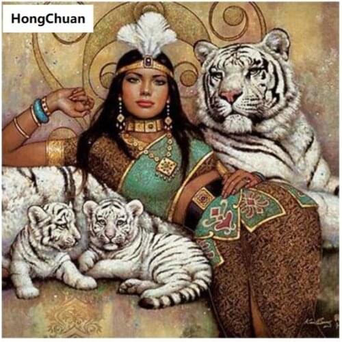 Tribal Woman Tiger 5D Square/Round Diamond Embroidered Mosaic Cross Diamond Painting Home Decoration Mural New Year Gift