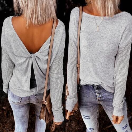 Spring Women Sexy Open Back Casual Temperament Tshirts Knitted Bandage Long-sleeved Slim-fit T-shirt Backless Gray Women Tops