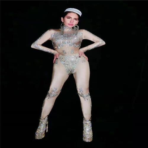 Y77 Female rhinestone jumpsuit sexy women diamonds bodysuit long sleeve stretch outfit stage costumes party wears dress clothes