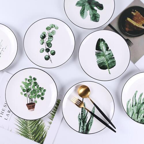 Green Plant Ceramic Plate Creative Cartoon Fruit Plate Domestic Steak Plate, Bowl Plate Set Ceramic Tableware