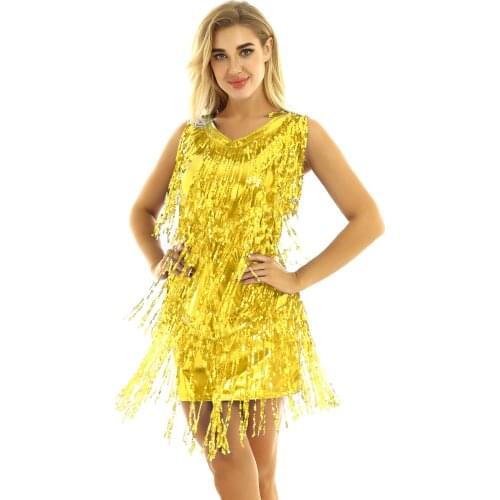 Women Dance Dresses Ladies V Neck Sleeveless Sparkling Sequin Tassels Ballroom Samba Tango Latin Performance Dancing Dress