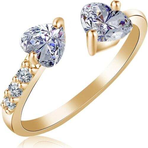 Double Heart Open Mouth Shape Rings for Women Prong Setting Cubic Zirconia Copper Golden and Silver Cocktail Rings for Party