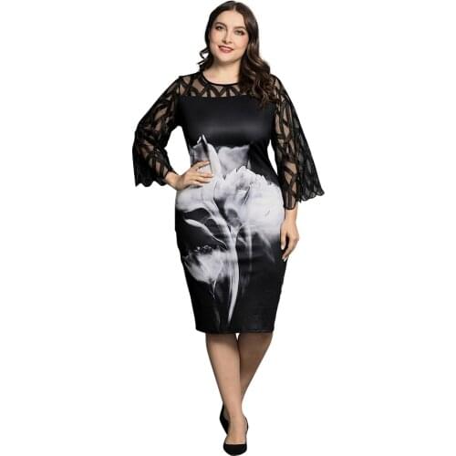 Plus Size Women Dresses Summer 2021 Elegant Floral Printed Dress Mesh Patchwork Party Dress Large Size Women Clothing Outfits