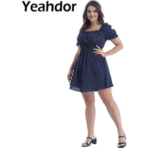 Plus Size Women Summer Dresses 2021 Polka Dot Puff Sleeve Bowknot Casual Streetwear Holiday Travel Square Neck Midi Dresses