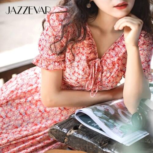 JAZZEVAR 2021 Summer New Woman Elegant Red floral Print Chiffon Dress Female V-Neck Ruffles French Style Sweet Lady Long Dresses