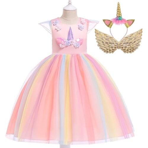 2021 Girls Unicorn Tutu Dress With Gold Headband Wings Rainbow Princess Kids Party Dress Halloween Cosplay Costume for Children