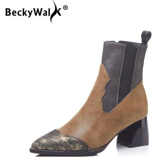 BeckyWalk 2021 New Women Martin Boots Gilding Patchwork Fashion Women Shoes of Autumn Winter Plus Size Botas Mujer 40-43 WSH3054