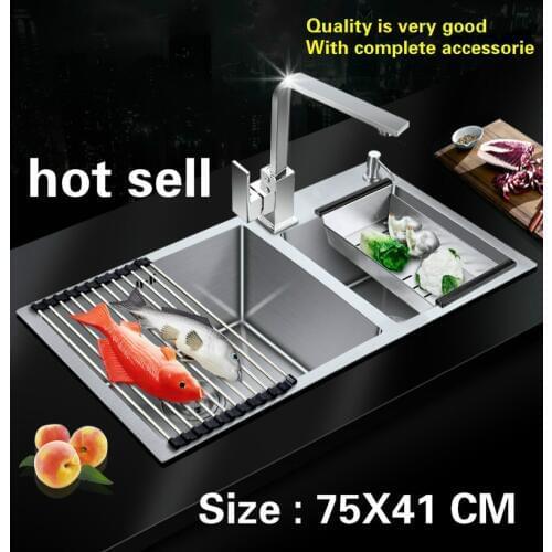 Free shipping Household vogue durable kitchen manual sink double groove 304 food grade stainless steel hot sell 75x41 CM