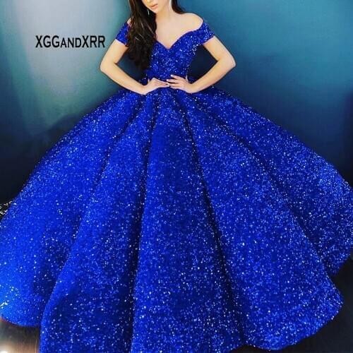 Sparkly V Neck Royal Blue Ball Gown Prom Dress 2021 Sexy Off Shoulder Formal Sequin Evening Party Gown Saudi Arbia Lady Wear
