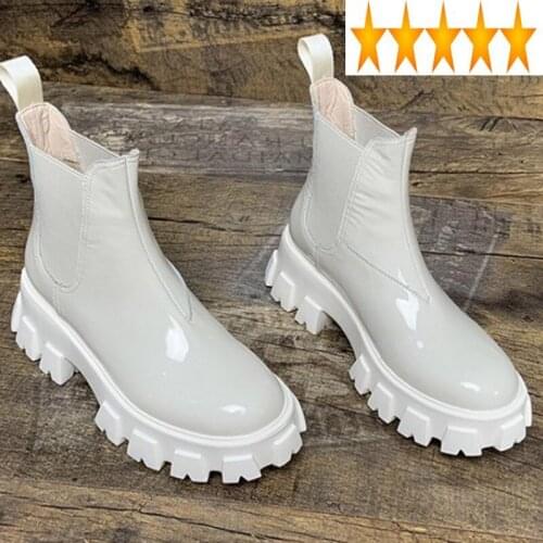 Women Fashion Shoes Genuine Leather Thick Bottom Height Increasing Platform Black White Short Autumn Female Chelsea Boots