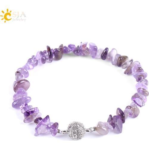 CSJA Natural Chip Gravel Gem Stone Beads Bracelets Magnetic CZ Ball Green Aventurine Lapis Lazuli Meditation Boho Jewellery E591