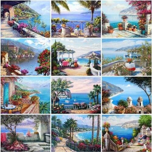 Evershine Full Square Diamond Painting Seaside 5D DIY Diamond Embroidery Town Landscape Cross Stitch Mosaic Home Decorations