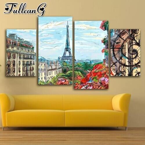 FULLCANG Abstract french tower landscape 4 piece diy diamond painting full square round drill 5d mosaic embroidery sale FC2836