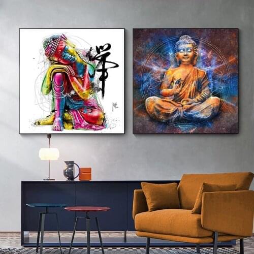 Graffiti Wall Art Canvas Buddha Art Picture Poster and Print Wall Art Colorful Buddha Statue Pictures for Living Room Home Decor