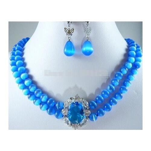 2Strands 8mm Blue Mexican Opal Necklace Earring Set