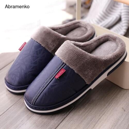 Leather Warm Winter Home Slippers Non-Slip Thick Warm House Shoes Cotton Women Men Slippers Indoor Shoes Flats Plus Size 37-46