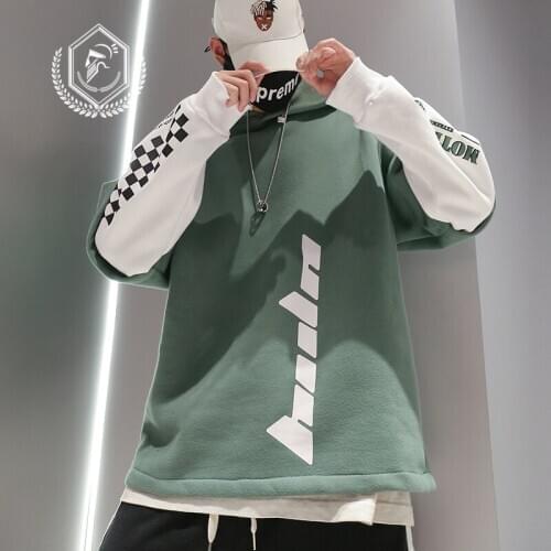 Men Fashion Loose Print Fleece Heavyweight Casual Patchwork Pullover Hip Hop Sweatshirts with Hoodie