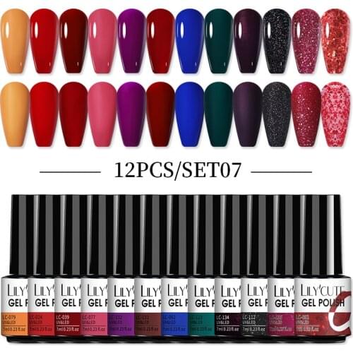 LILYCUTE 7ML Nail Gel Polish Set Semi Permanent Soak Off Hybrid Gel Varnish Base Top Matte Coat Needed UV LED Gel Nail Varnishes