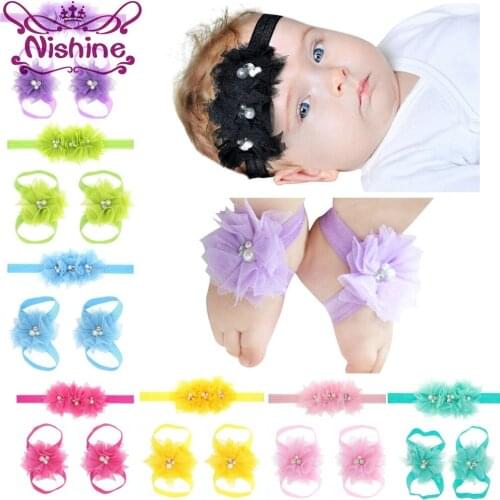 Nishine 16 Colors Newborn Flower Headband Barefoot Sandal Sets Satin Lace Flower Kids Accessories For Decor Photography Props