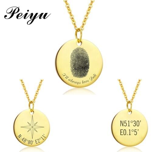 Personalized Fingerprint Necklace Coordinate Engraved Text Handwriting Custom Round Disc Charm Memorial Necklace Gift Jewelry