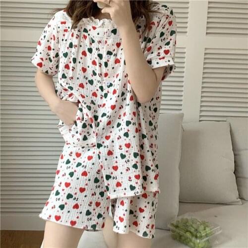 Full cotton pajama set women summer 2 piece set sleepwear colorful lace heart print lacework cotton linen home clothes tops Y689
