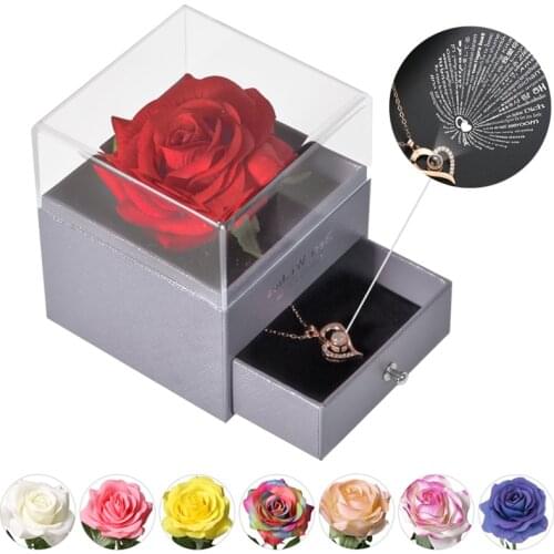 Unfade Flower Eternal Rose Jewelry Box with 100 Languages I Love You Necklace Valentines Mothers Day Gifts for Girlfriend Women