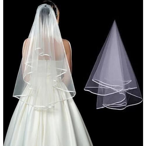 YUNUO Simple Tulle White Ivory Two Layers Wedding Bridal Veil Ribbon Edge Cheap Accessories Women Bride Veil with Comb
