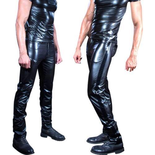 Sexy Men Stretch Skinny PU Faux Leather Pants Black Punk Slim Fit Zipper Trousers For Male Stage Singers Dancer Night Club Wear