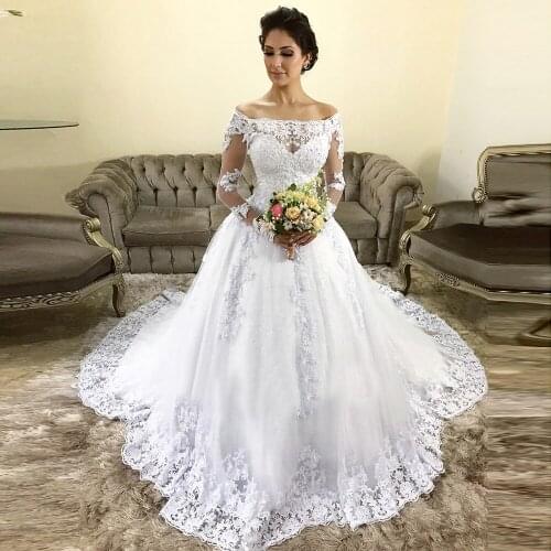 Vestido De Noiva 2019 Arabic Dubai Plus Size Long Sleeves Wedding Dresses Princesse Lace Illusion Tulle robe mariee
