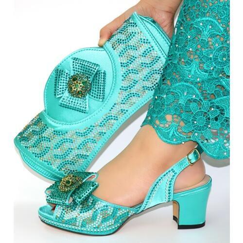 Hot sale water blue women pumps with rhinestone decoration african dress shoes match handbag set CR2101,heel 6.8CM