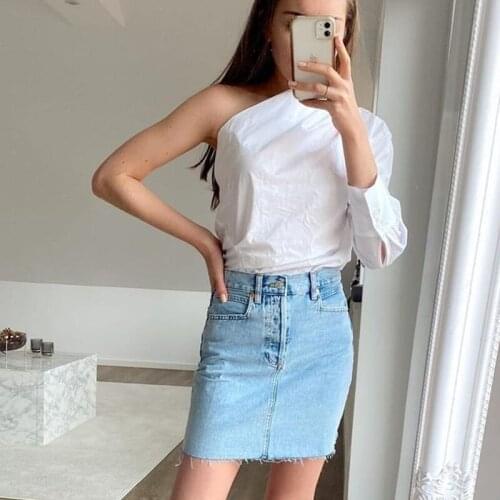 The latest design ladies pure white shirt one shoulder asymmetric design shirt long sleeve sexy street blouse