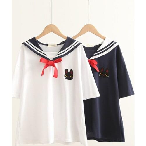 Japanese Kawaii Sailor Rabbit Embroidery T Shirt Women Sailor Collar Bow tie Summer Casual Cartoon T-shirts Sweet Tops