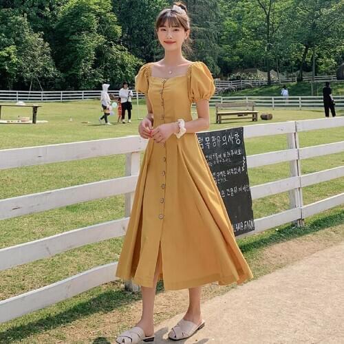 Women Long Yellow Vintage Dress Summer 2020 Runway Elegant Korean Tea Party Night Dress Retro Casual Beach Vacation Dresses New