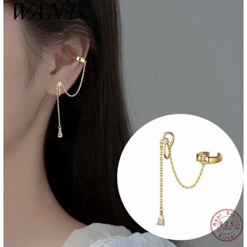 WANTME 925 Sterling Silver Tassel Chain No Piercing Ear Clip Earrings Women Unique Bohemian Hip Hop Ear Cuff Jewelry Accessories