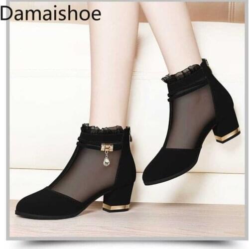 Woman Mesh Gauze Light Heels Chunky Heels Shorts Female Boots Fash Breathable Shoes New Black Single Shoes Womens Boots Sandals