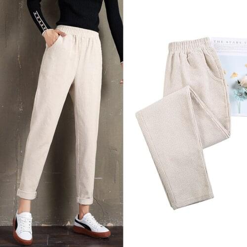 2020 Women Corduroy Harem Pants Solid High Wait Loose Casual Pants Autumn New Elastic Waist Korean Version Pants