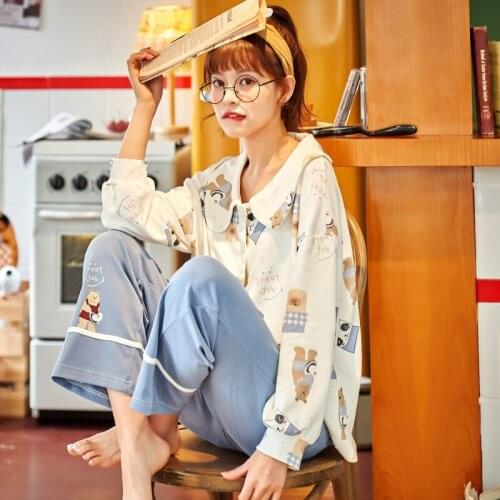 Womens Cardigan Long Sleeve Cotton Lapel Can Wear Two Pieces of Home Clothes Pajama Set 2021 Autumn And Winter New Pajamas