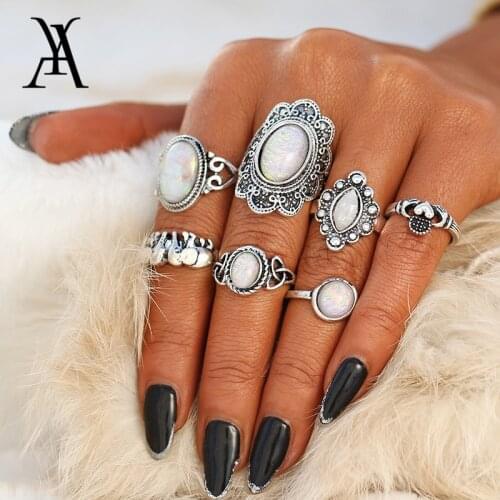 Vintage Silver Color Opal Rings Set For Women Boho Round Flower Knuckle Rings Fashion Knuckle Midi Rings Jewelry Accessories New