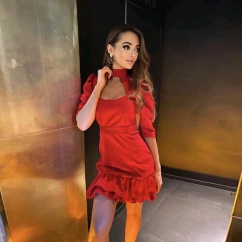 Women Sexy Hollow Out Ruffled Party Dress Half Sleeve Stand Collar Solid Elegant Casual Mini Dress 2021 Spring New Fashion Dress