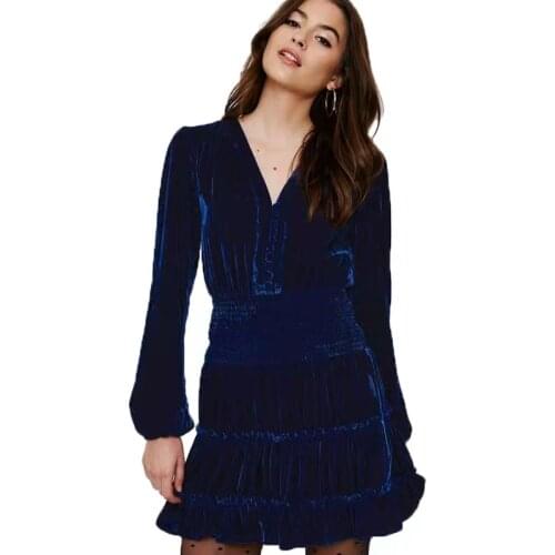 OUMEA Women Royal Blue Velvet Dress Ladies long Sleeve Smocked Dress Elegant Blue Party V Neck Button Dress For Women