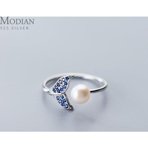 Modian Blue Crystal Mermaid Tail Elegant Pearl Open Adjustable Ring for Women Real 925 Sterling Silver Animal Ring Fine Jewelry