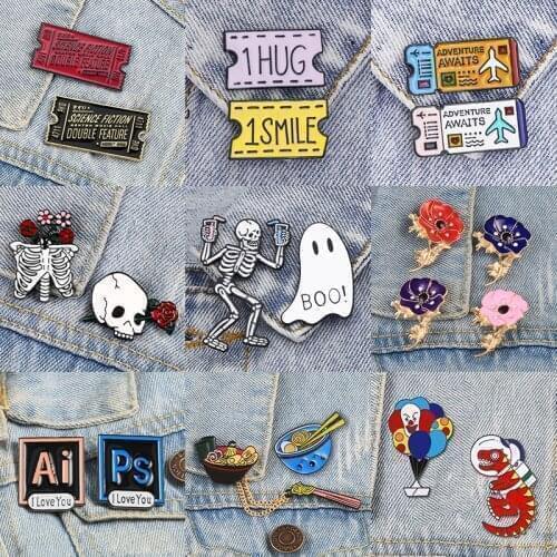 2-4PCS/Set Creative Travel Ticket Enamel Pins Skull Flowers Cartoon Cat Button Brooch Lapel Pin Denim Jackets Badge Jewelry Gift