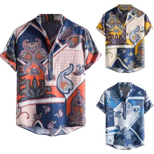 2021 Mens Shirts Summer Short Sleeve Cashew Print Stand Collar Short Sleeve Button Pullover Shirt Men Casual Daily Blouse S-2XL
