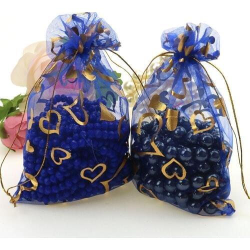 7x9cm Blue Heart Bronzing Organza Jewelry Popular Bags Pochette Tulle Bonbon Small Packaging Bags 100pcs/lot Wholesale