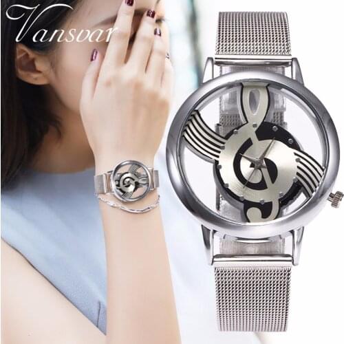 Women Hollow Music Note Notation Watch Fashion Luxury Ladies Silver Mesh Belt Quartz Watches Gift Clock Zegarek Damski Reloj
