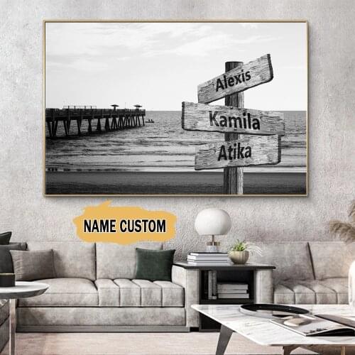 Wooden Art Custom Name Canvas Painting Landscape Black White Wall Art Poster Personalized Anniversary Gift For Living Room Decor