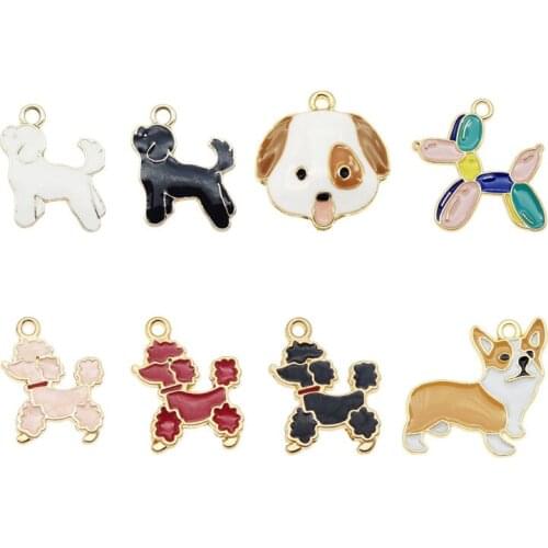 Julie Wang 8PCS Enamel Dog Charms Mixed Corgi Poodle Balloon Dog Alloy Animal Pendants Jewelry Making Necklace Accessory