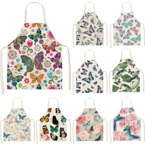 1PC Cotton Baking Waist Bib Linen Flower Butterfly Printed Kitchen Sleeveless Apron Women Home Cooking Pinafore 53*65cm WQL0147