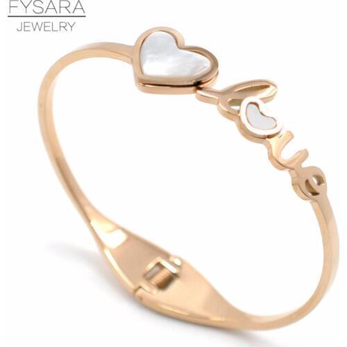 FYSARA Charm White Shell Heart Lover Bangle Rose Gold Color Female Bangles Stainless Steel Cuff Bracelets For Women