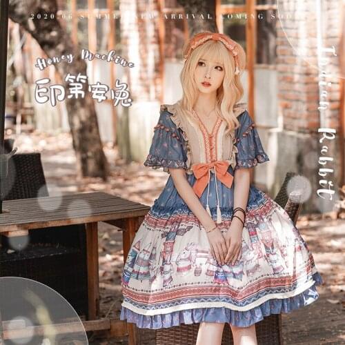 Classic Sweet Indian Rabbit Summer Lolita Short Sleeve Op Dresses Pastoral Mori Cute Girl Cosplay Kawaii Renaissance Victorian